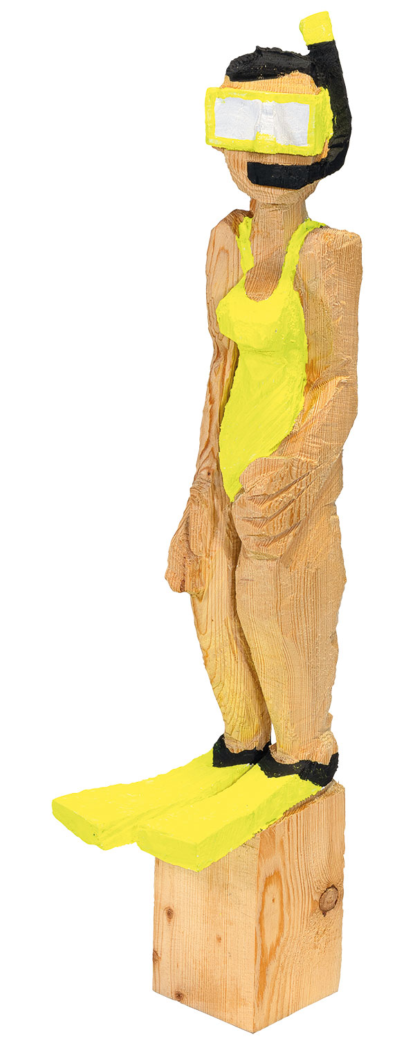 Jörg Herz: Houten sculptuur 'Snorkeller in neongeel' (2024) (Origineel / Uniek)