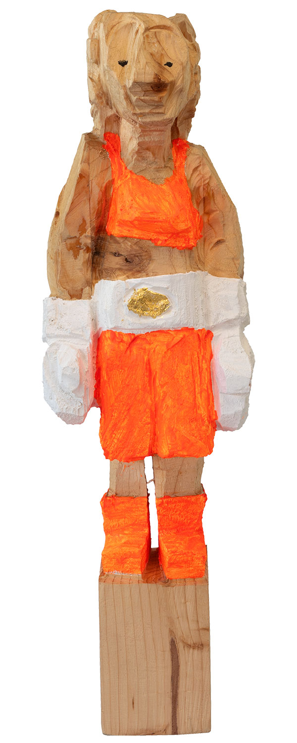 Jörg Herz: Houten sculptuur 'Boxerin Neon Orange' (2024) (Origineel / Uniek)