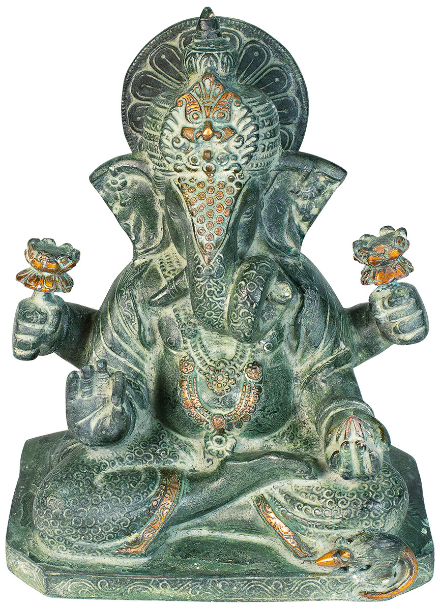 Skulptur 'Den indiske gud Ganesha', messing, antik grøn finish