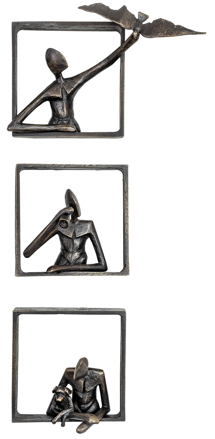 Guy Buseyne: 3-delige wandsculptuur / decoratief object 'Buitenaanzicht', brons