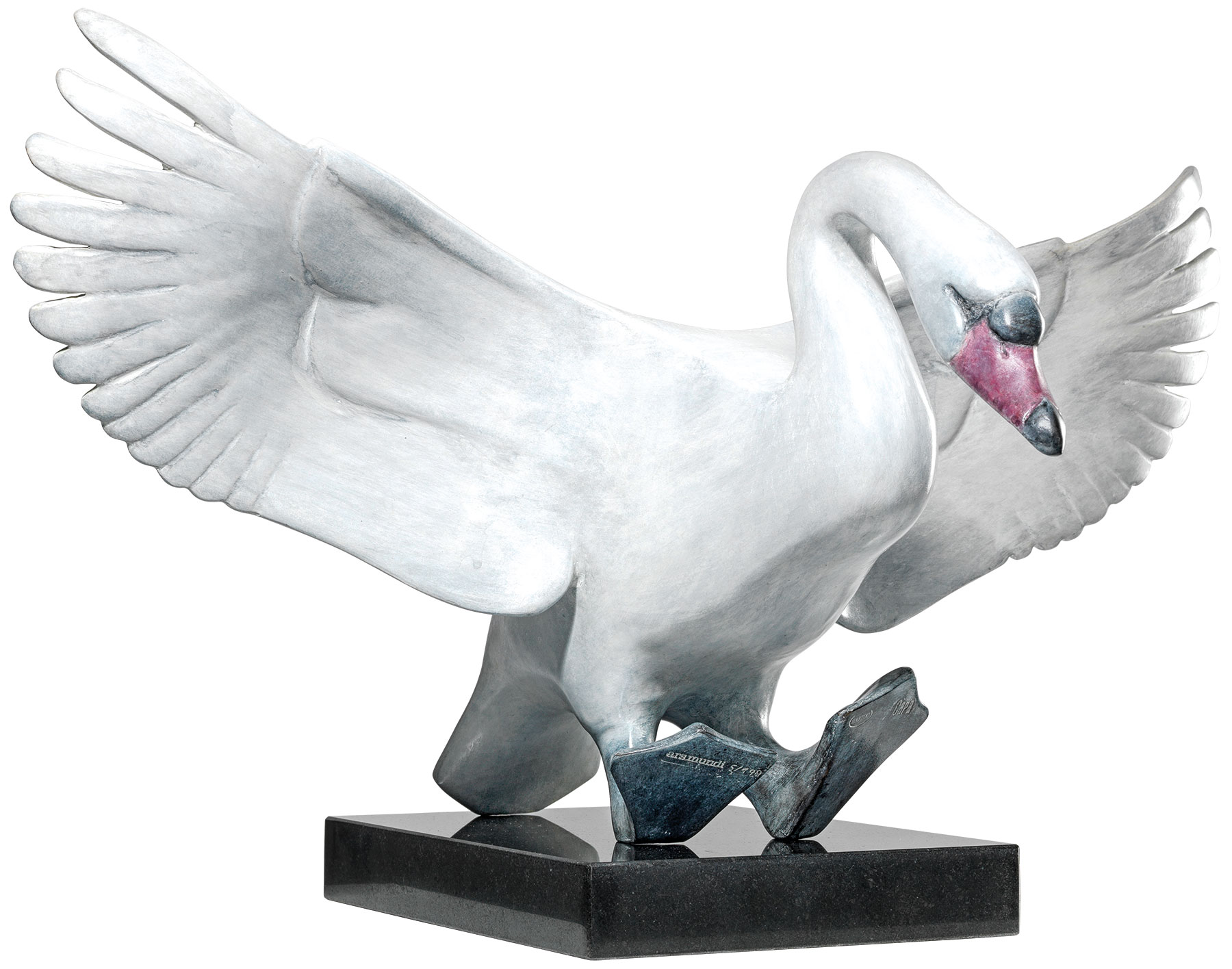Evert den Hartog : Sculpture 'Cygne atterrissant' (version avec socle), bronze blanc/gris clair