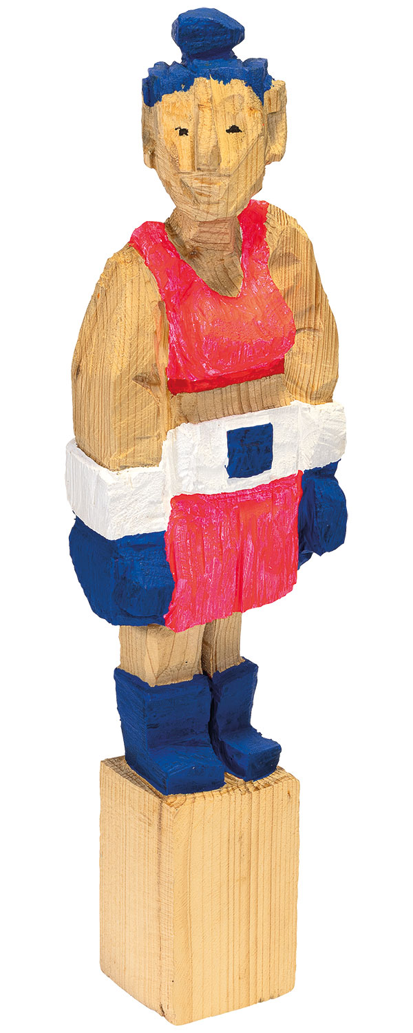 Jörg Herz: Houten sculptuur 'Boxerin Neon Pink' (2024) (Origineel / Uniek)