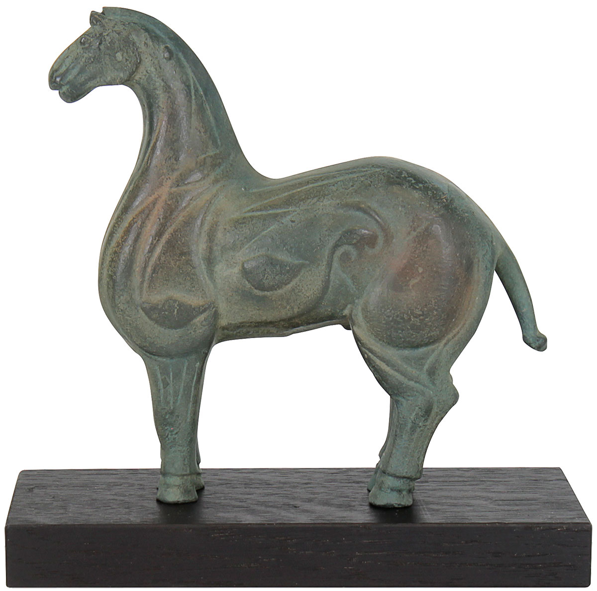 Sculpture 'Cheval de la dynastie Zhou', bronze d'art sur socle en bois