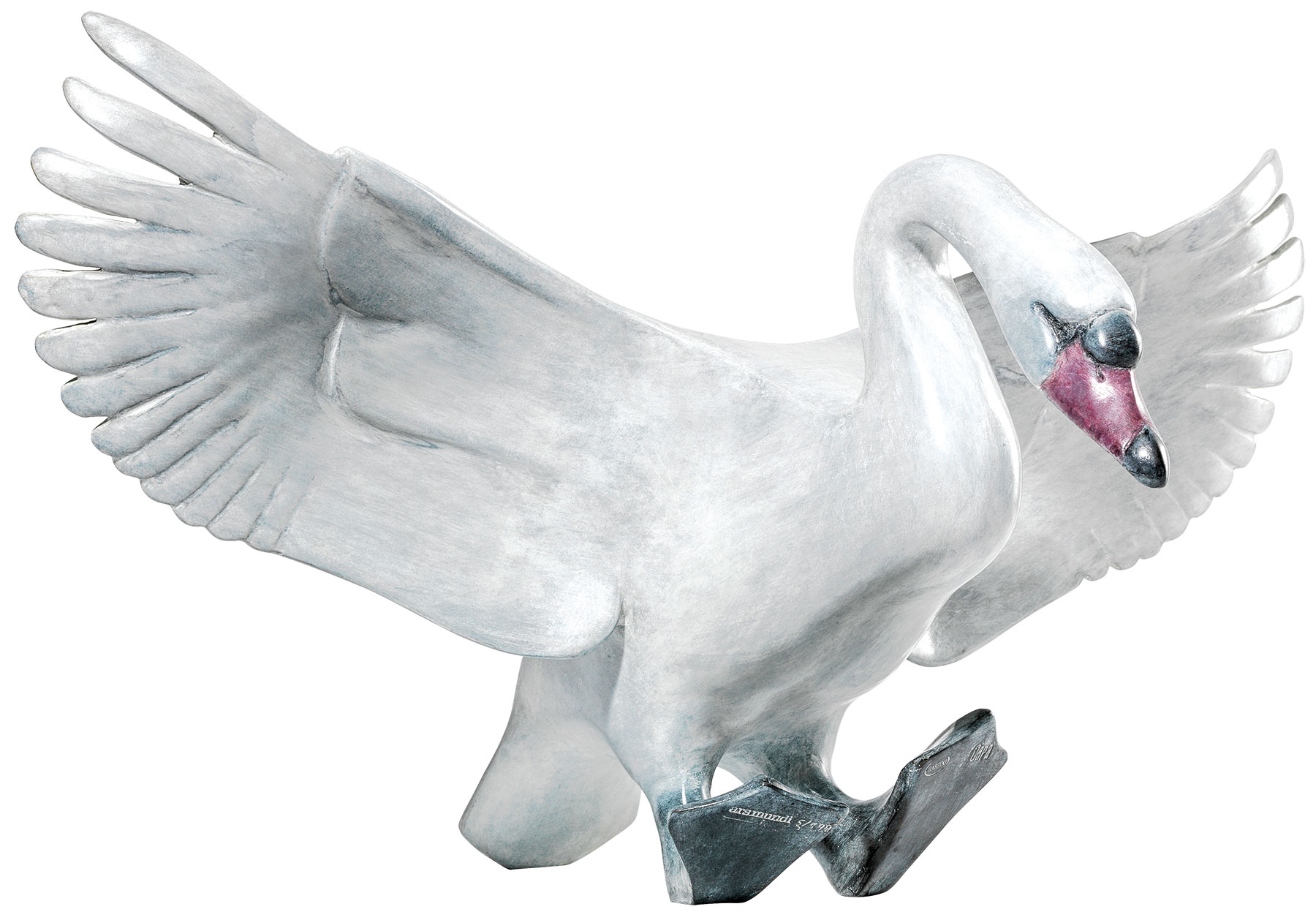 Evert den Hartog : Sculpture 'Cygne atterrissant' (version sans socle), bronze blanc/gris clair