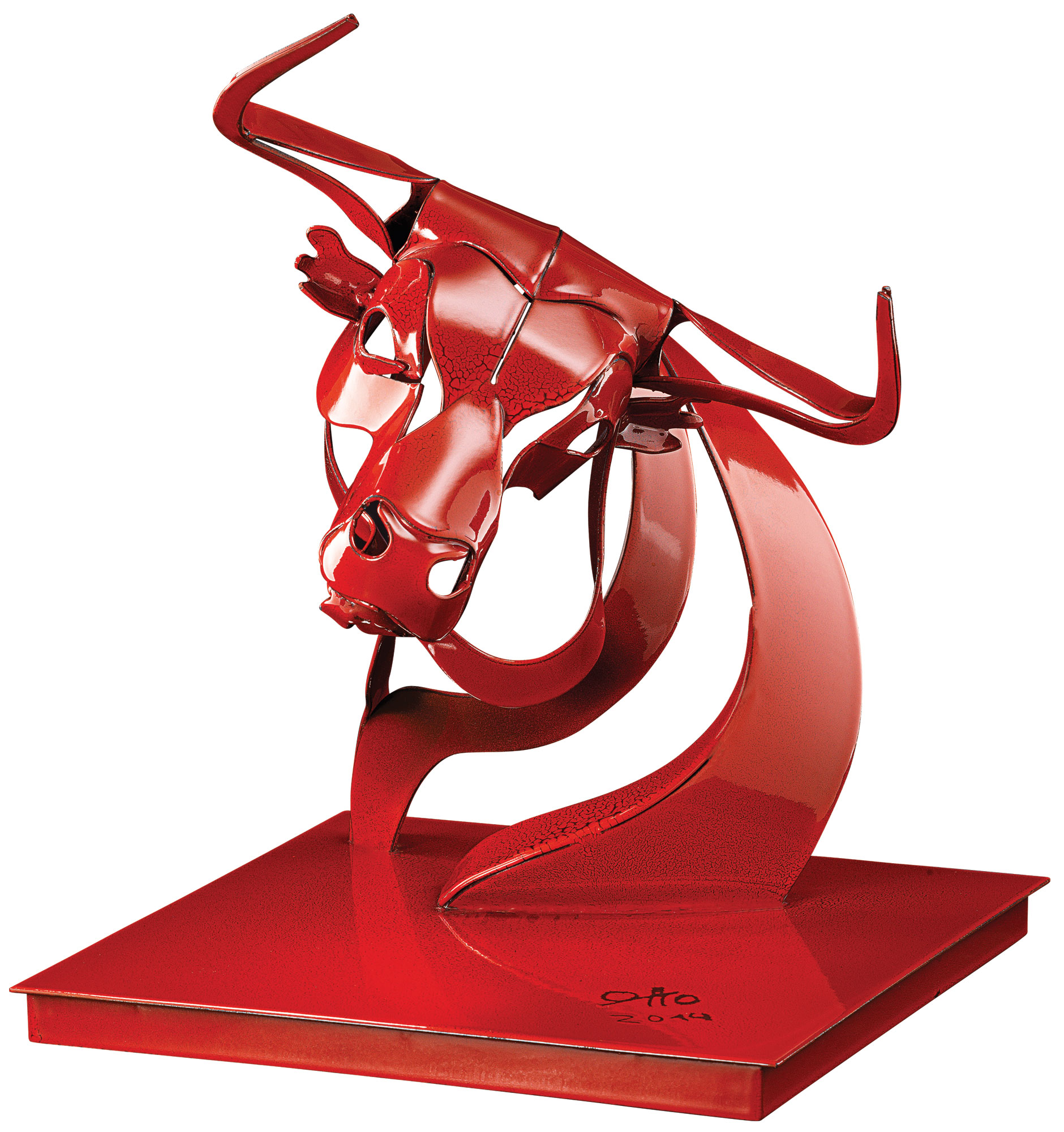 Thomas Otto: Stahlskulptur 'Bull de la noche II' (2024), Version rot