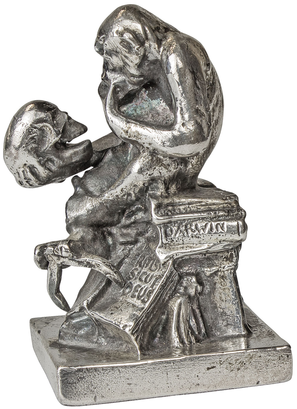 Wolfgang Hugo Rheinhold: Skulptur 'Affe mit Schädel' (1892-93), Version in Metallguss versilbert